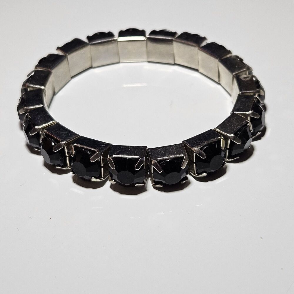 Silver Tone Black Rhinestone Stretch Bracelet 7.5"